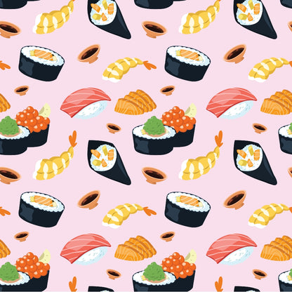 Illustrated pattern of various sushi types including rolls, nigiri, and sashimi on a light pink background.