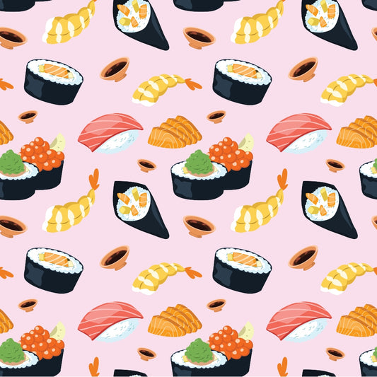 Illustrated pattern of various sushi types including rolls, nigiri, and sashimi on a light pink background.