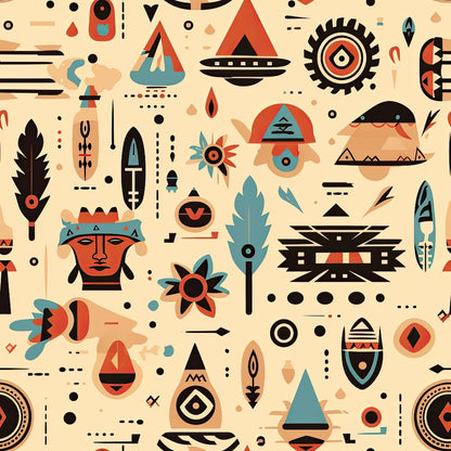 Abstract tribal pattern with symbols, shapes, and motifs in earthy tones, featuring faces, leaves, arrows, and geometric designs on a beige background.