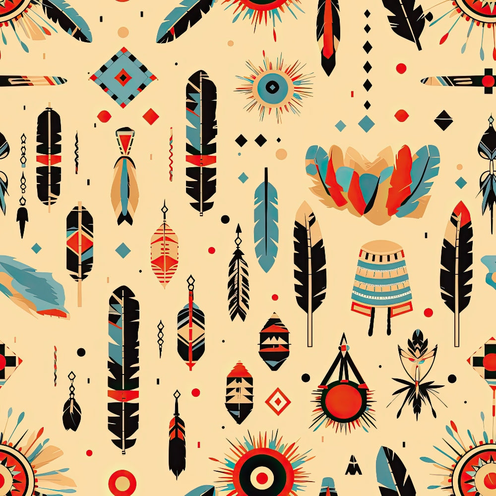 Patterned illustration featuring various Native American motifs, such as feathers, geometric shapes, and sun symbols, in red, black, turquoise, and beige colors on a light background.