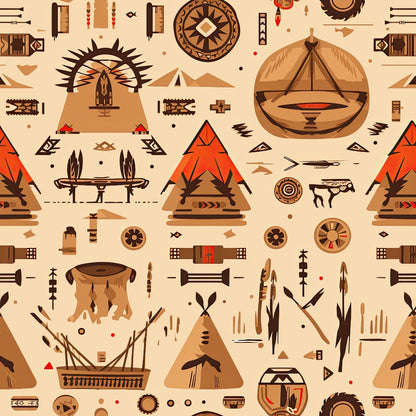 A seamless pattern featuring Native American geometric designs, teepees, arrows, and traditional motifs in earthy tones on a beige background.