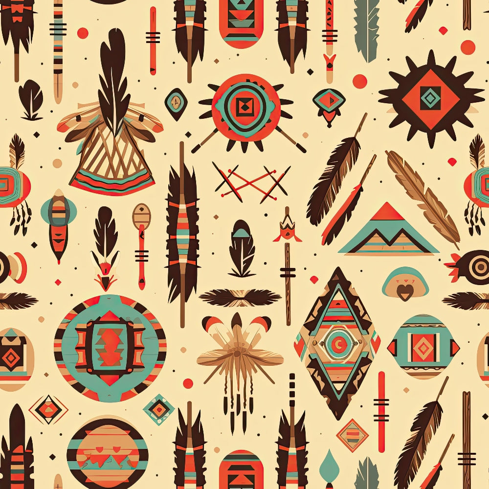 Colorful geometric tribal pattern featuring feathers, arrows, shields, and abstract symbols in red, turquoise, and brown on a beige background.