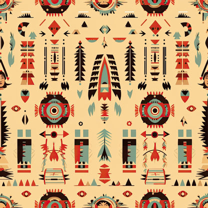 Abstract tribal pattern featuring geometric shapes, arrows, and faces in red, black, blue, and green on a beige background.