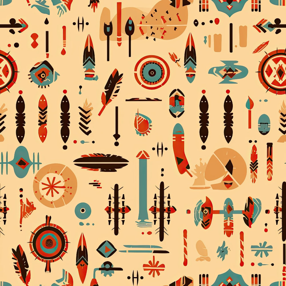 Abstract pattern featuring geometric shapes, feathers, and arrows in red, blue, black, and beige on a light background.