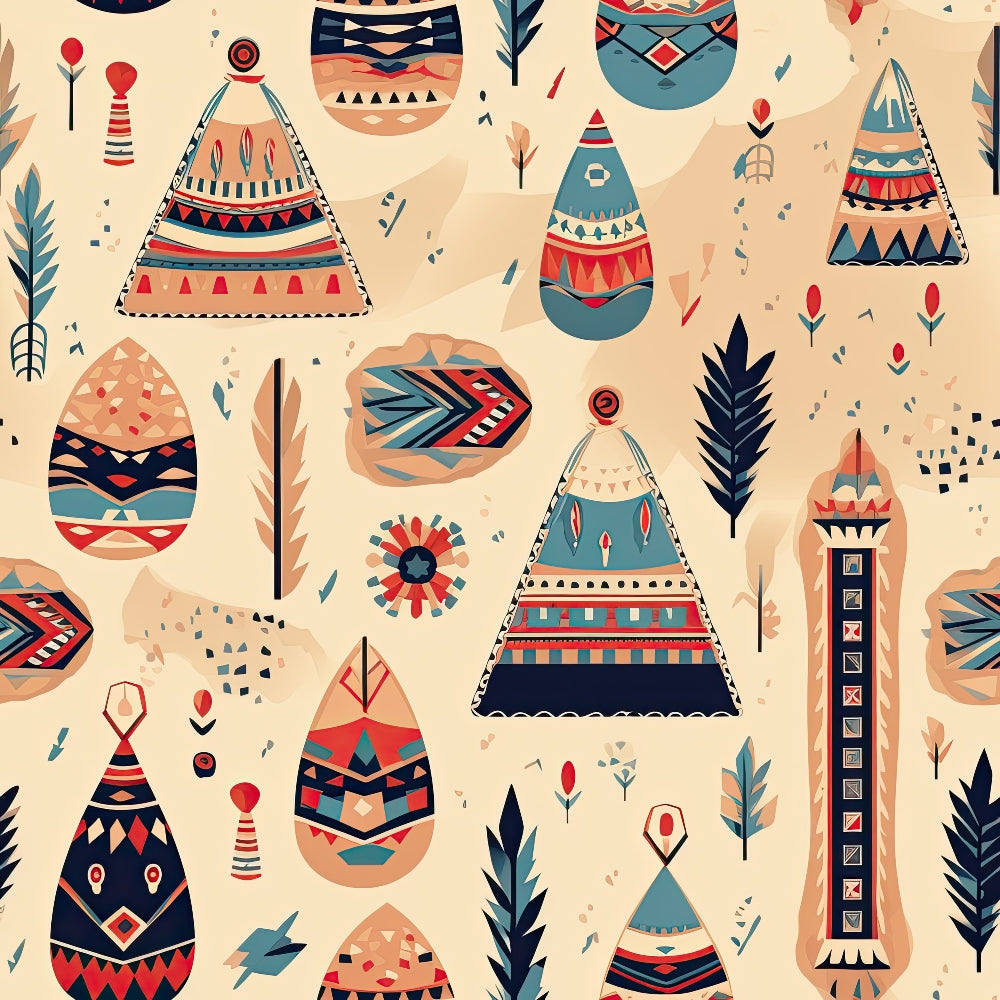 Abstract pattern with geometric shapes in blue, red, and beige tones. Features triangles, ovals, trees, and decorative elements on a light background.