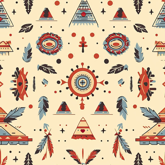 Geometric, tribal-inspired pattern with feathers, triangles, circles, and arrows in red, blue, and beige tones.