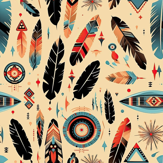 Colorful tribal pattern featuring various feathers, geometric shapes, and circular designs in shades of black, red, blue, and orange on a beige background.