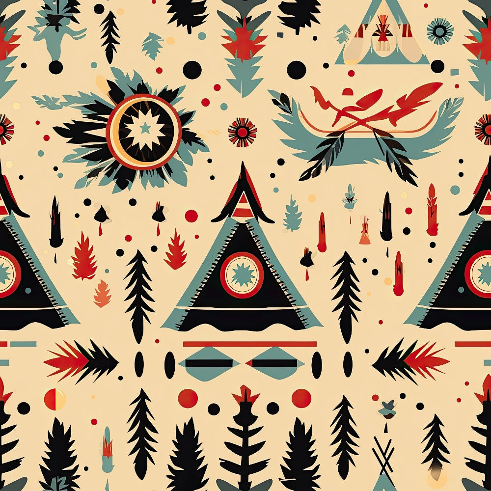 Geometric pattern featuring triangles, circles, and abstract plant shapes in red, black, and teal on a beige background.