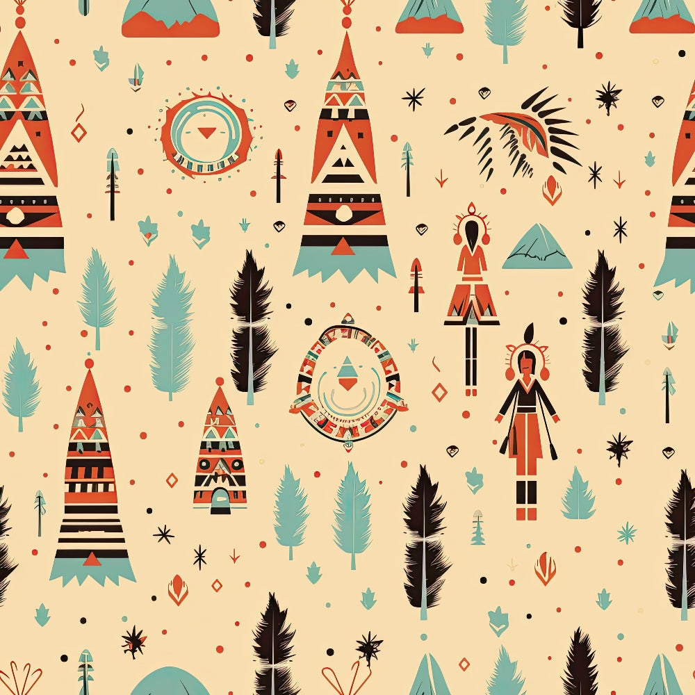 Patterned design featuring geometric teepees, feathers, mountains, and abstract figures on a beige background.