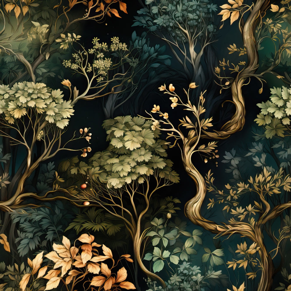 Intricate illustrated forest scene with twisting branches and diverse foliage in green and gold tones, set against a dark background.