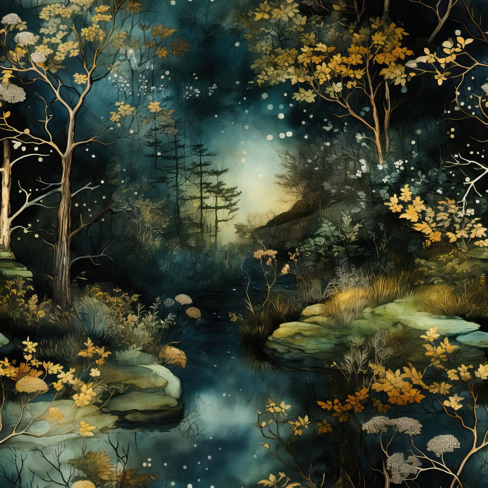 Illustration of an enchanting forest scene with a stream, surrounded by trees with autumn leaves, starry sky, and glowing plants.