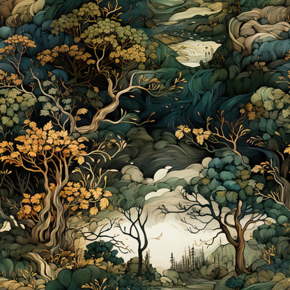 Abstract illustration of a forest with swirling trees and foliage in green, yellow, and brown hues, creating a dreamlike landscape.