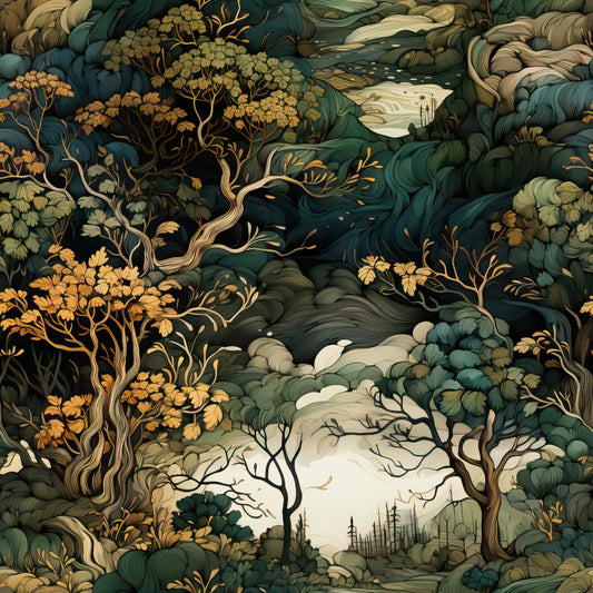 Abstract illustration of a forest with swirling trees and foliage in green, yellow, and brown hues, creating a dreamlike landscape.