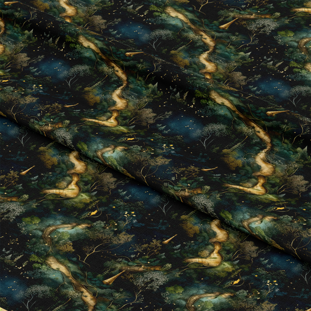 - Natures Tapestry Pattern 8 Quilting Cotton Fabric  
- dark green, forest, night blue, brown, gold highlights  
- natural, woodland, trees, foliage, river, stream  
- cotton textile, quilting material, yardage fabric  
- intricate, detailed, scenic, artistic, elegant  
- nature-inspired, organic, earthy tones, fabric design