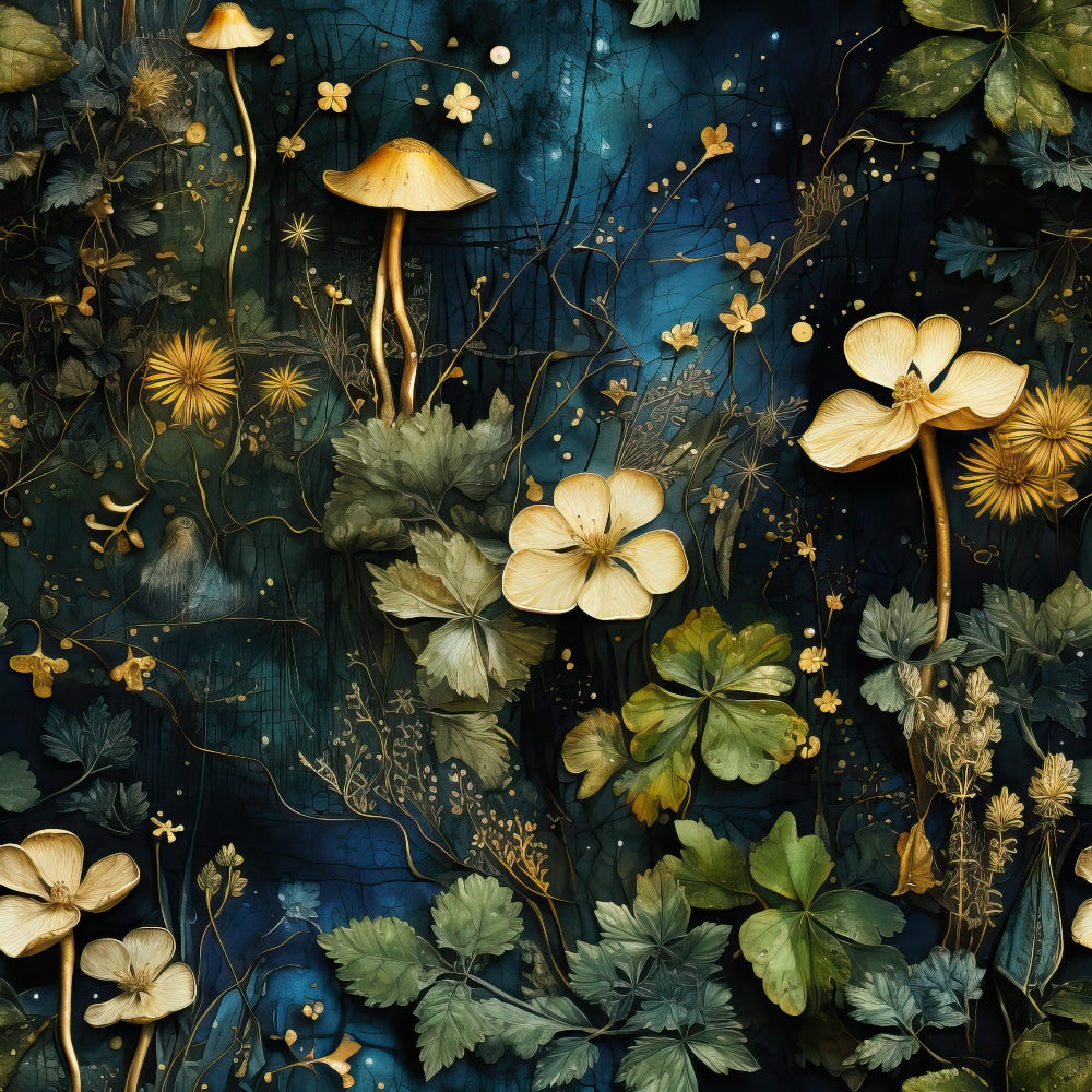 Illustration of yellow mushrooms, flowers, and green foliage against a dark blue background with golden floral accents.