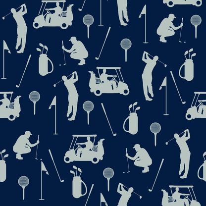 Silhouettes of golfers, golf bags, carts, tees, and flags in white on a dark blue background, arranged in a repeating pattern.