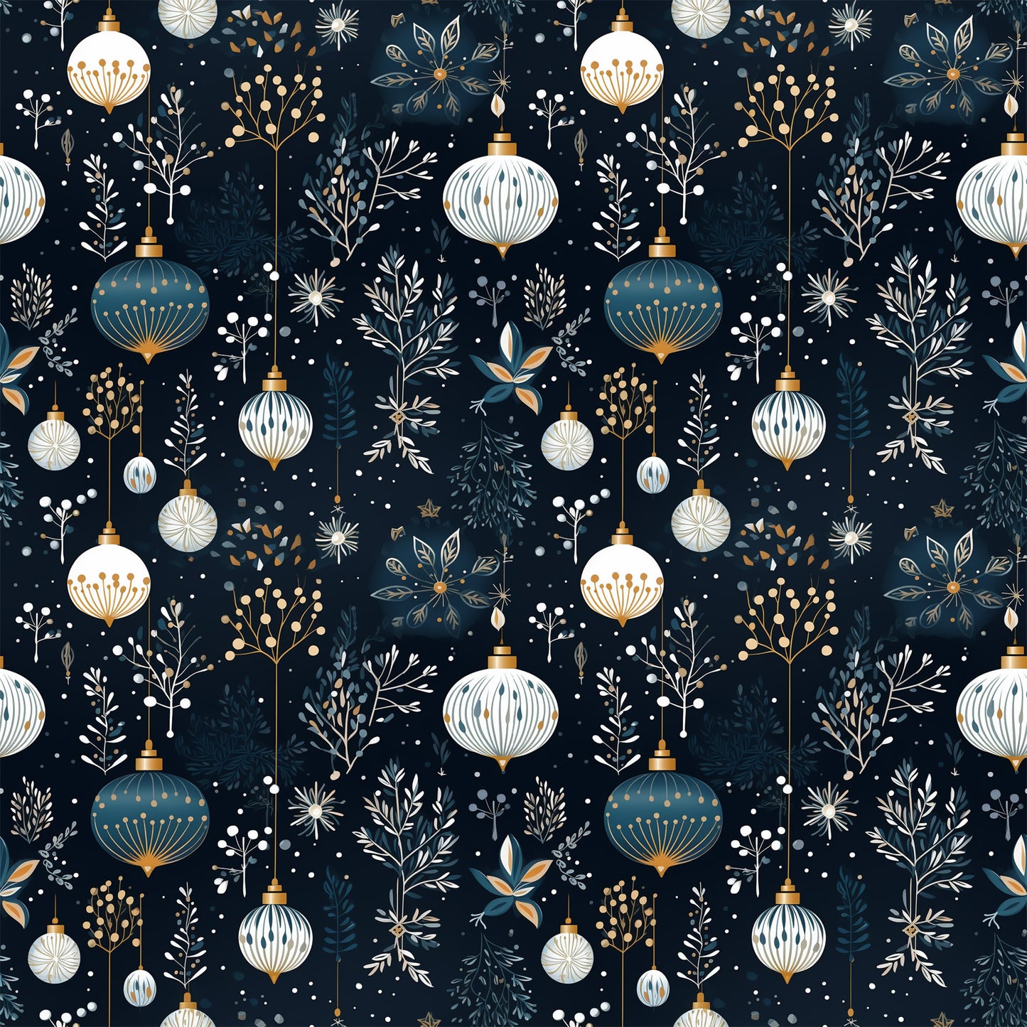 navy blue, cream white, gold accents, christmas ornaments, baubles, winter botanicals, snowflakes, berries, branches, festive pattern, quilting cotton, fabric panel, holiday design, elegant motifs, decorative elements, seamless repeat, winter foliage, ornament clusters, botanical sprigs, christmas fabric