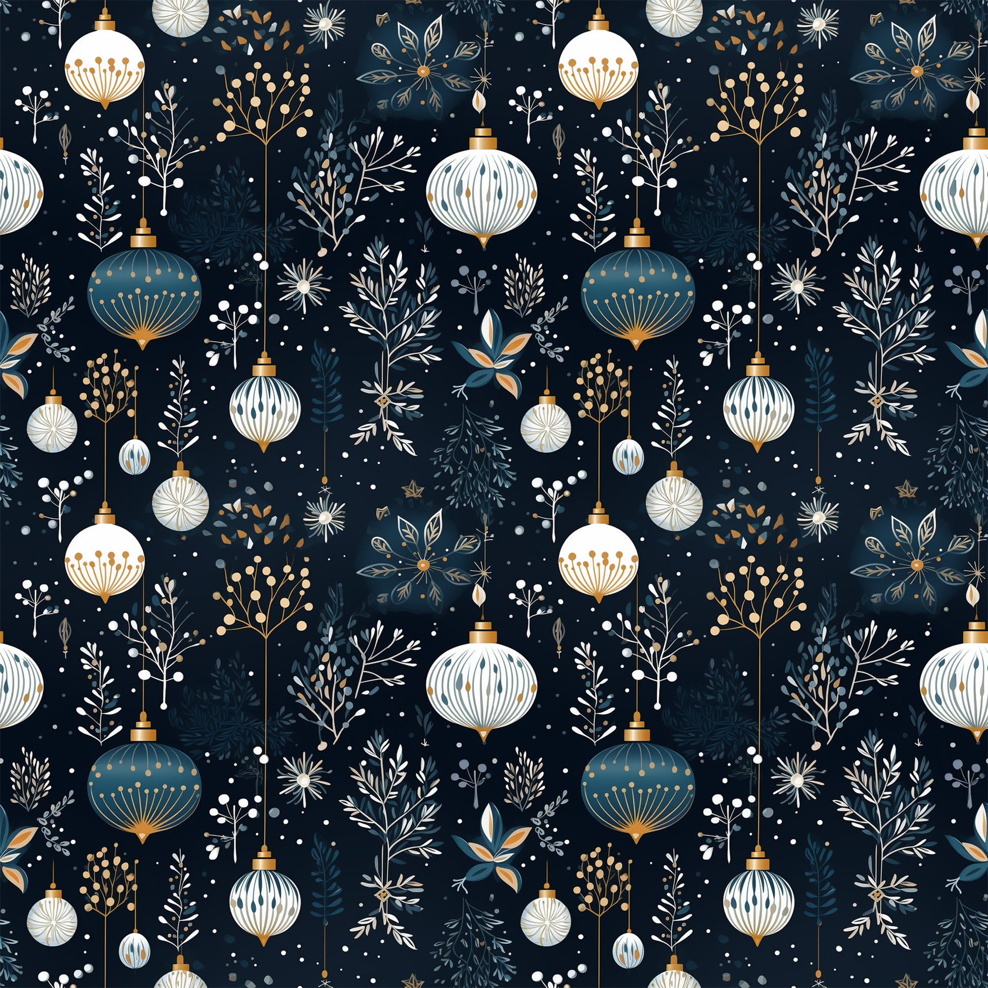 navy blue, cream white, gold accents, christmas ornaments, baubles, winter botanicals, snowflakes, berries, branches, festive pattern, quilting cotton, fabric panel, holiday design, elegant motifs, decorative elements, seamless repeat, winter foliage, ornament clusters, botanical sprigs, christmas fabric