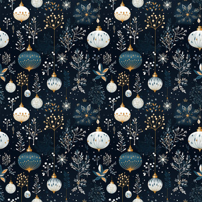 navy blue, cream white, gold accents, christmas ornaments, baubles, winter botanicals, snowflakes, berries, branches, festive pattern, quilting cotton, fabric panel, holiday design, elegant motifs, decorative elements, seamless repeat, winter foliage, ornament clusters, botanical sprigs, christmas fabric