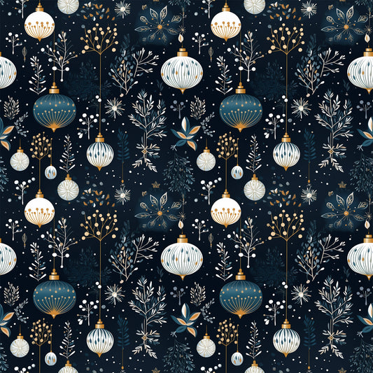 navy blue, cream white, gold accents, christmas ornaments, baubles, winter botanicals, snowflakes, berries, branches, festive pattern, quilting cotton, fabric panel, holiday design, elegant motifs, decorative elements, seamless repeat, winter foliage, ornament clusters, botanical sprigs, christmas fabric