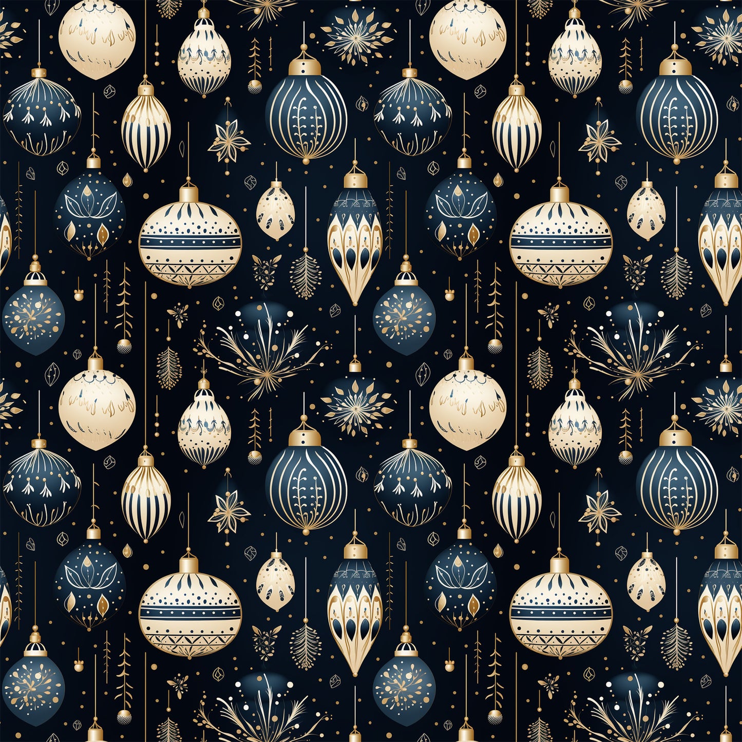 navy blue, cream, gold, christmas ornaments, baubles, snowflakes, geometric patterns, decorative motifs, stars, holiday design, winter theme, repeating pattern, quilting cotton, fabric panel, festive, elegant design, ornamental details, seasonal fabric, crafting material