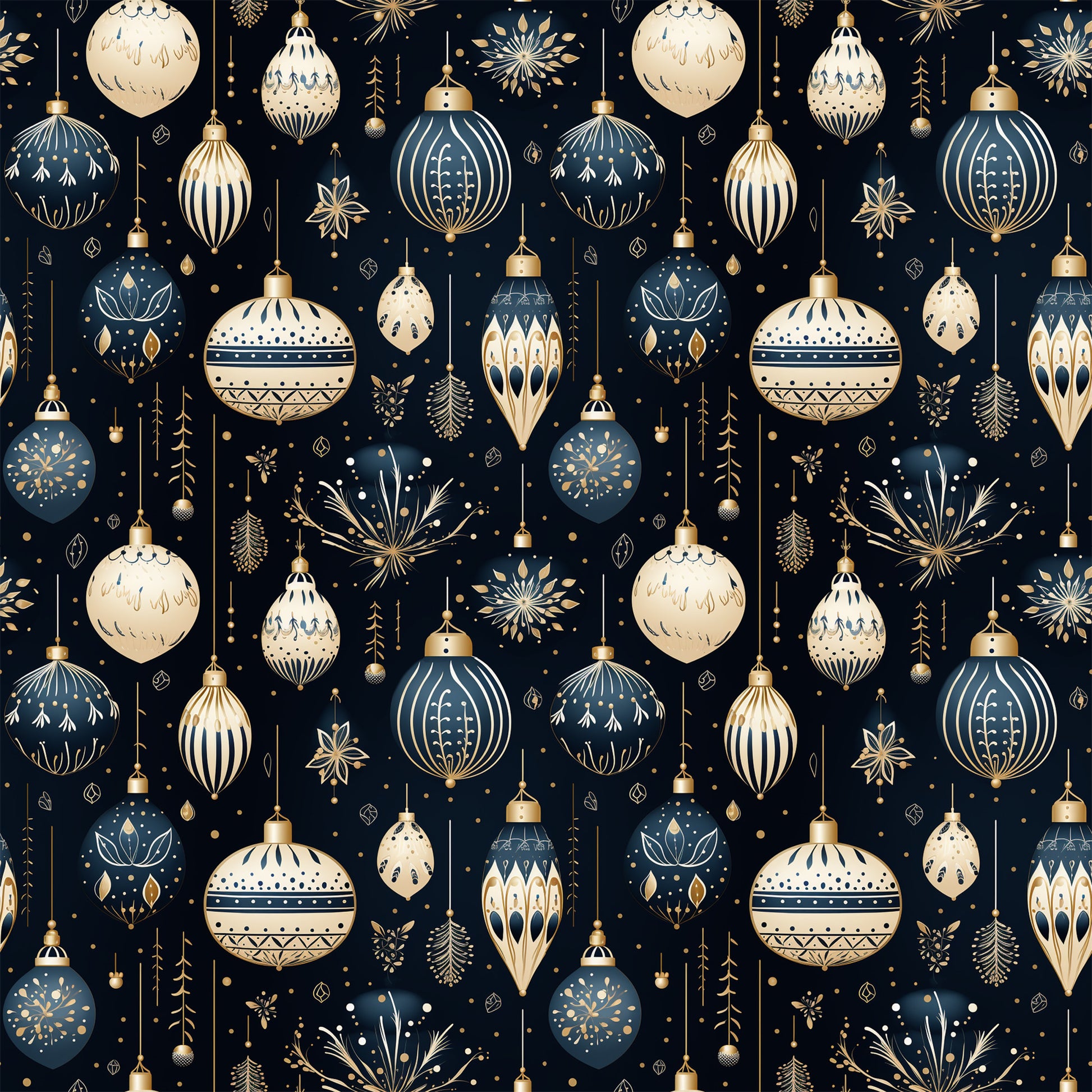 navy blue, cream, gold, christmas ornaments, baubles, snowflakes, geometric patterns, decorative motifs, stars, holiday design, winter theme, repeating pattern, quilting cotton, fabric panel, festive, elegant design, ornamental details, seasonal fabric, crafting material