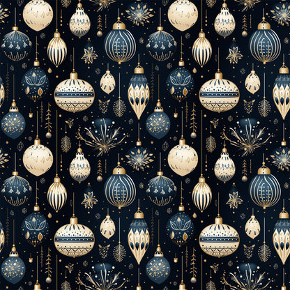 navy blue, cream, gold, christmas ornaments, baubles, snowflakes, geometric patterns, decorative motifs, stars, holiday design, winter theme, repeating pattern, quilting cotton, fabric panel, festive, elegant design, ornamental details, seasonal fabric, crafting material