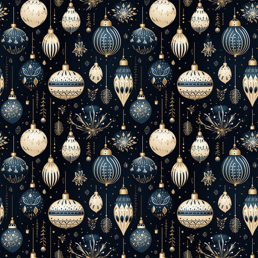 navy blue, cream, gold, christmas ornaments, baubles, snowflakes, geometric patterns, decorative motifs, stars, holiday design, winter theme, repeating pattern, quilting cotton, fabric panel, festive, elegant design, ornamental details, seasonal fabric, crafting material