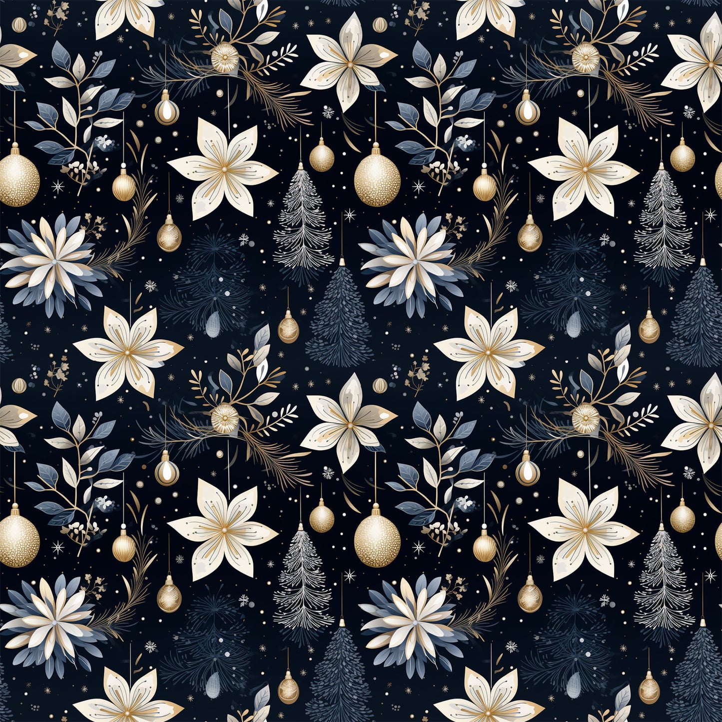 navy blue, cream, gold accents, christmas ornaments, poinsettia flowers, pine trees, evergreen branches, snowflakes, floral motifs, botanical elements, repeating pattern, seamless design, quilting cotton, fabric panel, holiday theme, winter decor, elegant style, sophisticated palette, christmas fabric, festive pattern