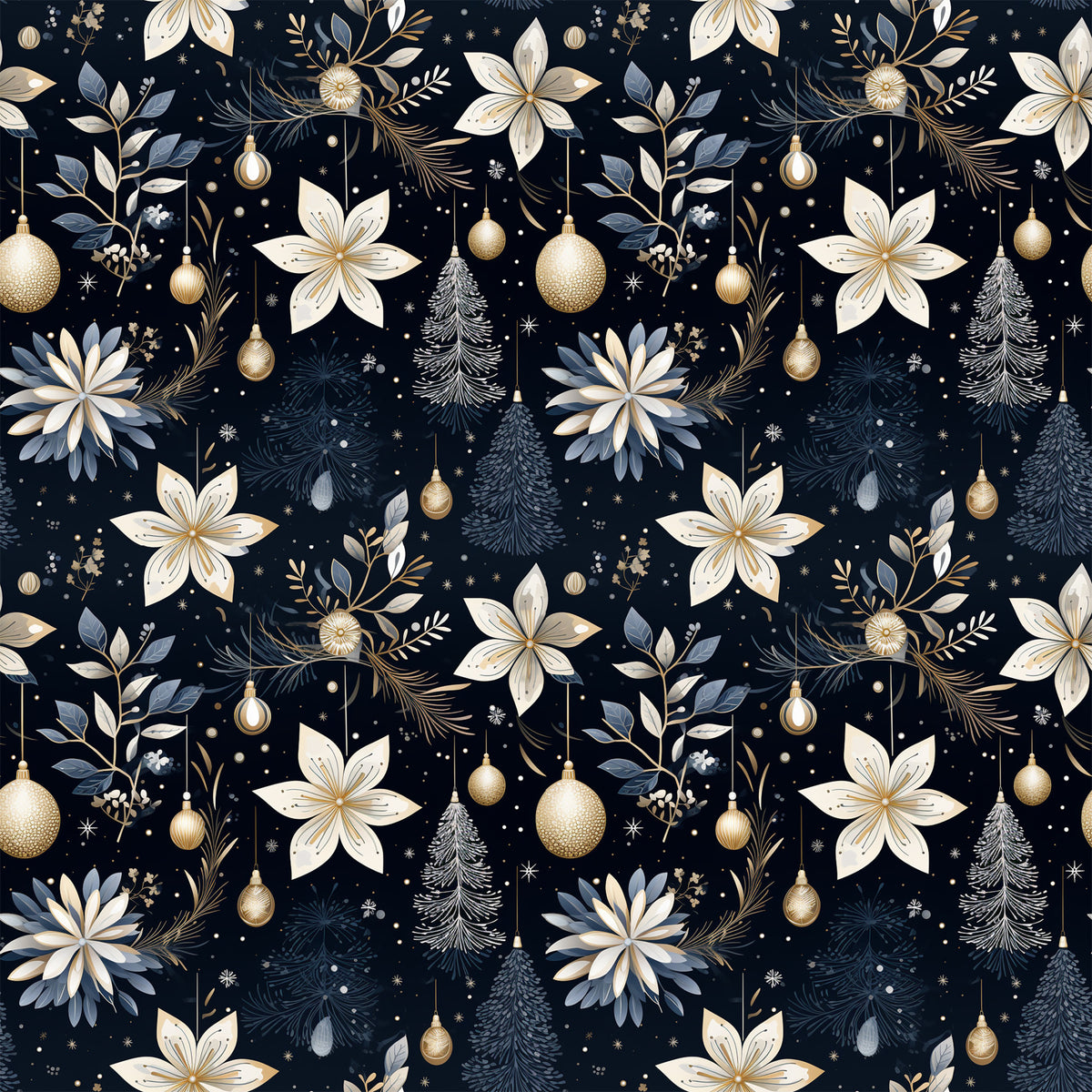 navy blue, cream, gold accents, christmas ornaments, poinsettia flowers, pine trees, evergreen branches, snowflakes, floral motifs, botanical elements, repeating pattern, seamless design, quilting cotton, fabric panel, holiday theme, winter decor, elegant style, sophisticated palette, christmas fabric, festive pattern