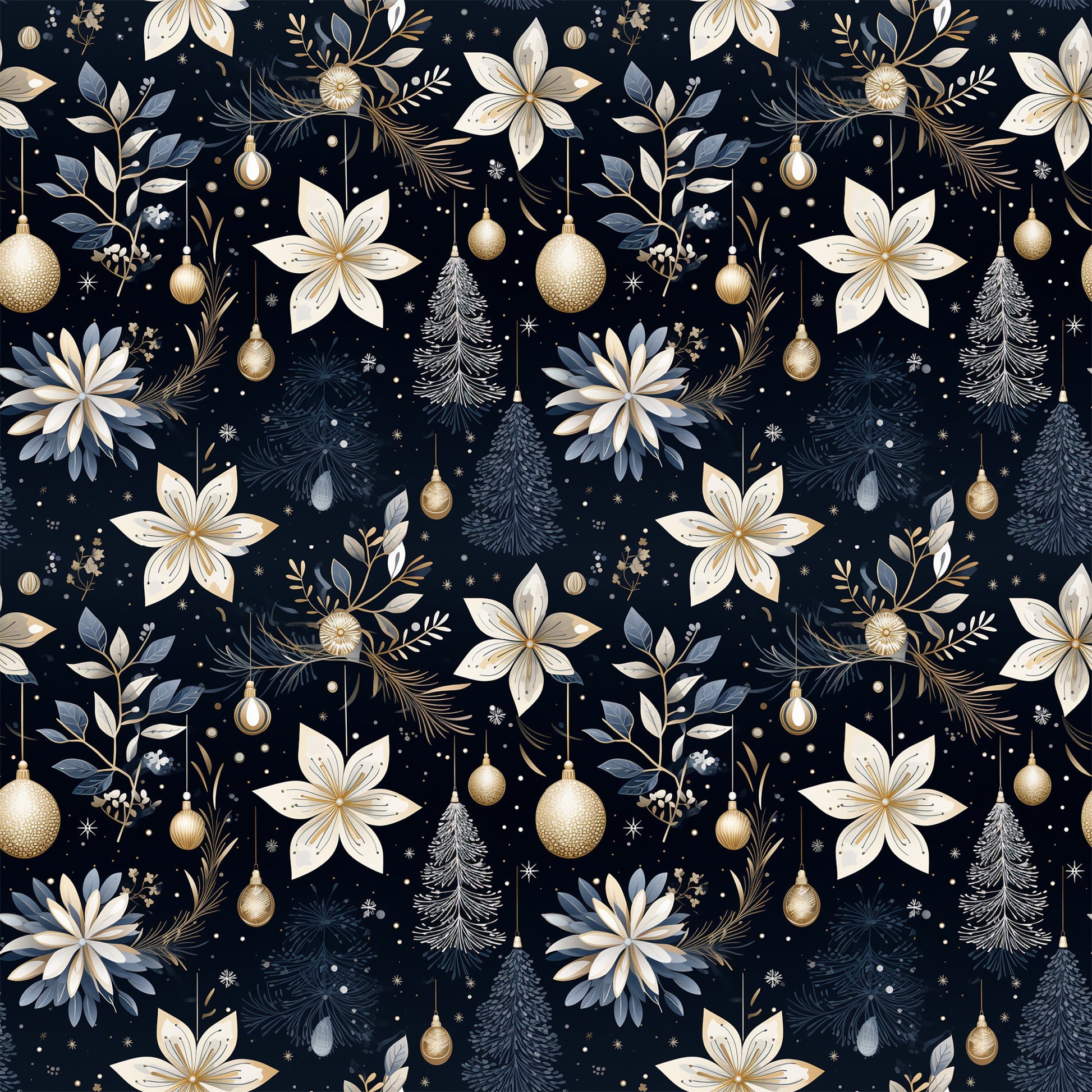 navy blue, cream, gold accents, christmas ornaments, poinsettia flowers, pine trees, evergreen branches, snowflakes, floral motifs, botanical elements, repeating pattern, seamless design, quilting cotton, fabric panel, holiday theme, winter decor, elegant style, sophisticated palette, christmas fabric, festive pattern