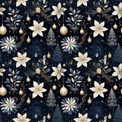 navy blue, cream, gold accents, christmas ornaments, poinsettia flowers, pine trees, evergreen branches, snowflakes, floral motifs, botanical elements, repeating pattern, seamless design, quilting cotton, fabric panel, holiday theme, winter decor, elegant style, sophisticated palette, christmas fabric, festive pattern