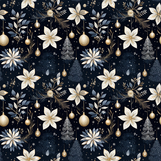 navy blue, cream, gold accents, christmas ornaments, poinsettia flowers, pine trees, evergreen branches, snowflakes, floral motifs, botanical elements, repeating pattern, seamless design, quilting cotton, fabric panel, holiday theme, winter decor, elegant style, sophisticated palette, christmas fabric, festive pattern