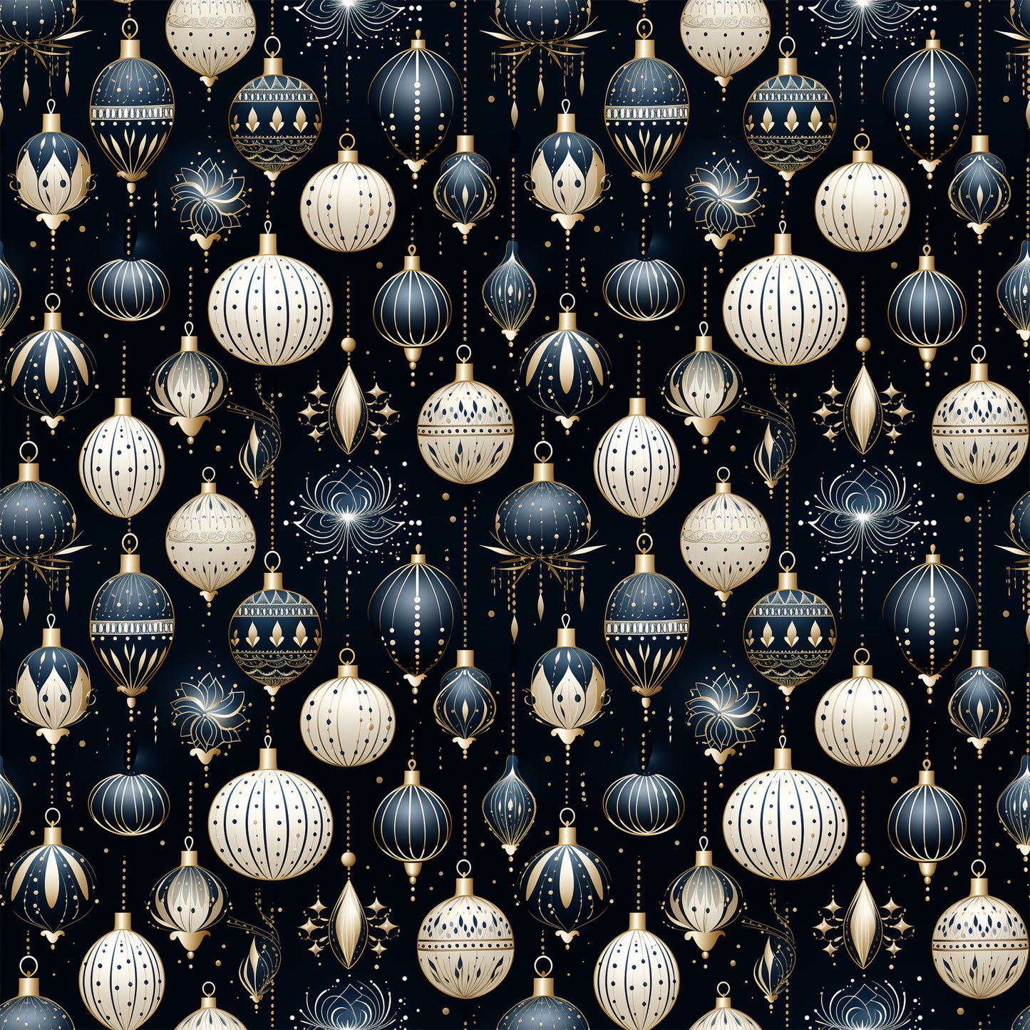 navy blue, cream, gold accents, christmas ornaments, baubles, decorative balls, geometric patterns, art deco style, elegant design, festive motifs, quilting cotton, fabric panel, holiday theme, sophisticated pattern, repeating design, metallic details, winter decorations, seamless pattern, luxury ornaments, christmas crafting