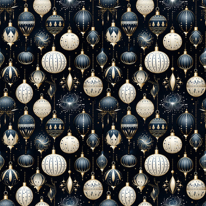 navy blue, cream, gold accents, christmas ornaments, baubles, decorative balls, geometric patterns, art deco style, elegant design, festive motifs, quilting cotton, fabric panel, holiday theme, sophisticated pattern, repeating design, metallic details, winter decorations, seamless pattern, luxury ornaments, christmas crafting