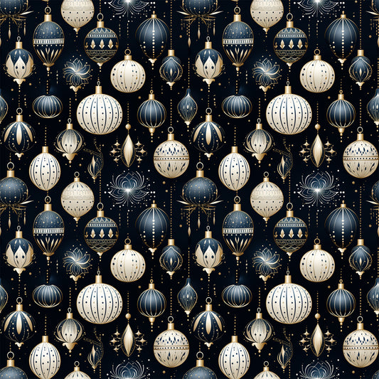 navy blue, cream, gold accents, christmas ornaments, baubles, decorative balls, geometric patterns, art deco style, elegant design, festive motifs, quilting cotton, fabric panel, holiday theme, sophisticated pattern, repeating design, metallic details, winter decorations, seamless pattern, luxury ornaments, christmas crafting