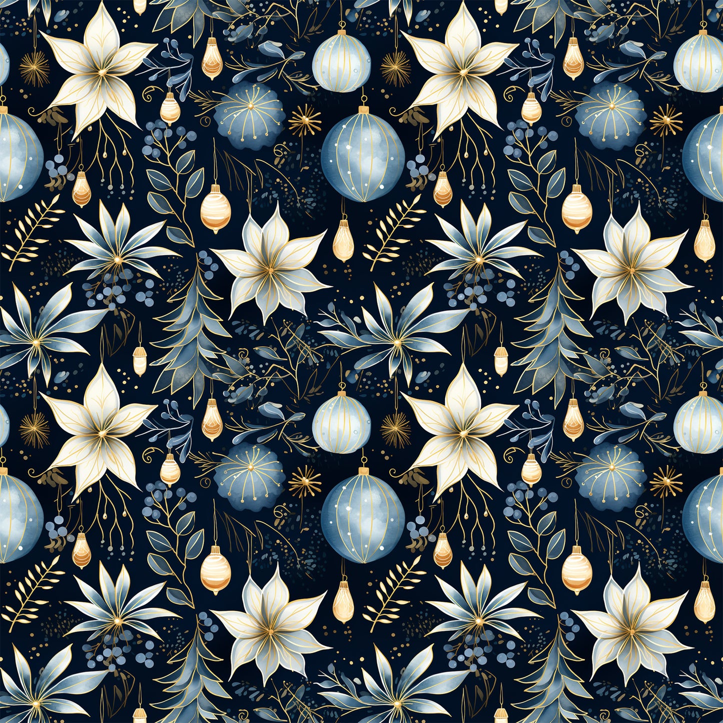 navy blue, cream, gold accents, christmas ornaments, poinsettia flowers, floral pattern, holiday motifs, decorative baubles, botanical elements, seamless repeat, elegant design, festive theme, quilting cotton, fabric panel, winter florals, ornamental design, sophisticated palette, christmas decor, holiday crafting, premium cotton