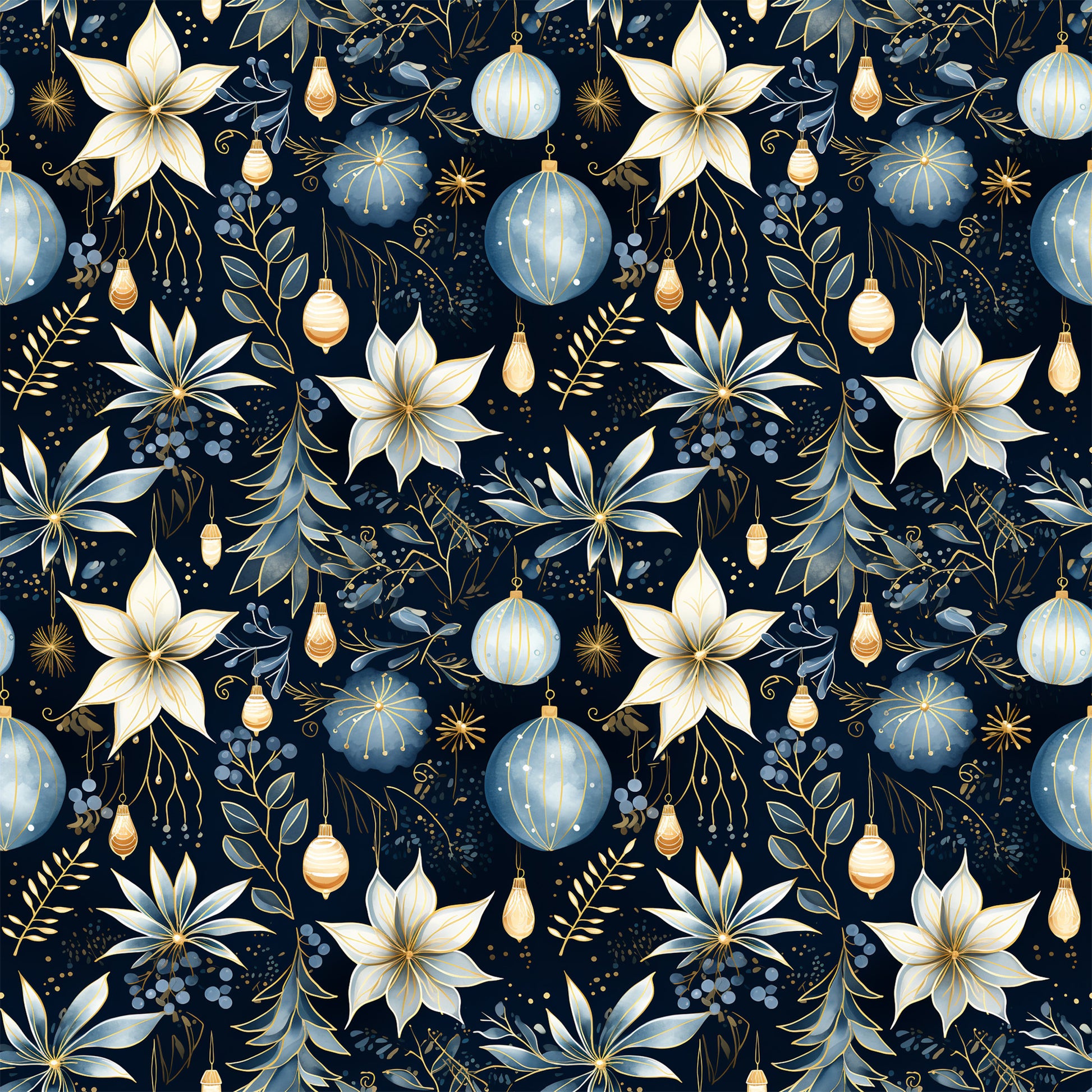 navy blue, cream, gold accents, christmas ornaments, poinsettia flowers, floral pattern, holiday motifs, decorative baubles, botanical elements, seamless repeat, elegant design, festive theme, quilting cotton, fabric panel, winter florals, ornamental design, sophisticated palette, christmas decor, holiday crafting, premium cotton