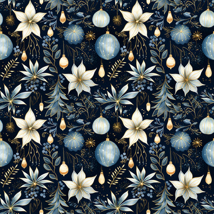 navy blue, cream, gold accents, christmas ornaments, poinsettia flowers, floral pattern, holiday motifs, decorative baubles, botanical elements, seamless repeat, elegant design, festive theme, quilting cotton, fabric panel, winter florals, ornamental design, sophisticated palette, christmas decor, holiday crafting, premium cotton