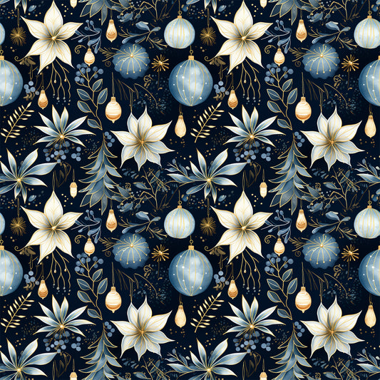 navy blue, cream, gold accents, christmas ornaments, poinsettia flowers, floral pattern, holiday motifs, decorative baubles, botanical elements, seamless repeat, elegant design, festive theme, quilting cotton, fabric panel, winter florals, ornamental design, sophisticated palette, christmas decor, holiday crafting, premium cotton