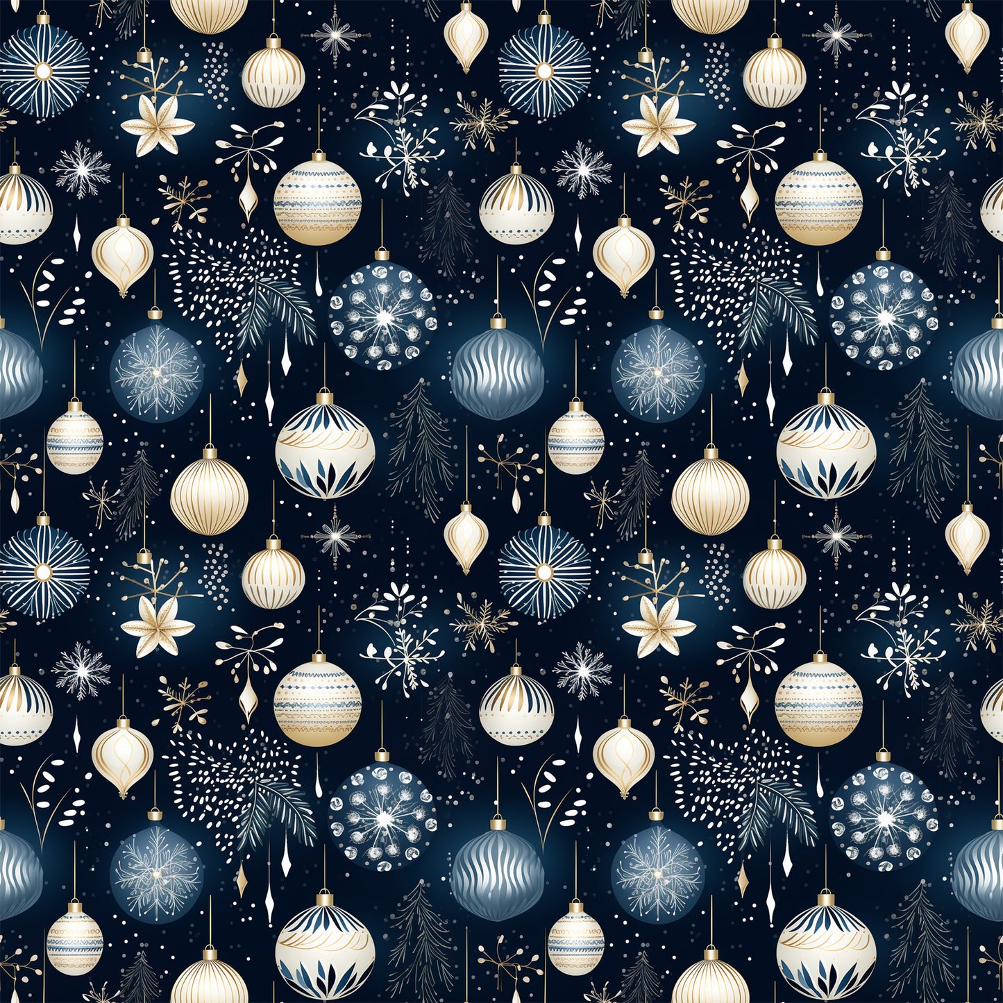 navy blue, cream, gold, christmas ornaments, baubles, snowflakes, evergreen branches, stars, holiday pattern, winter motifs, quilting cotton, fabric panel, seamless repeat, festive design, geometric ornaments, botanical elements, christmas decorations, elegant holiday, coordinating colors, seasonal fabric