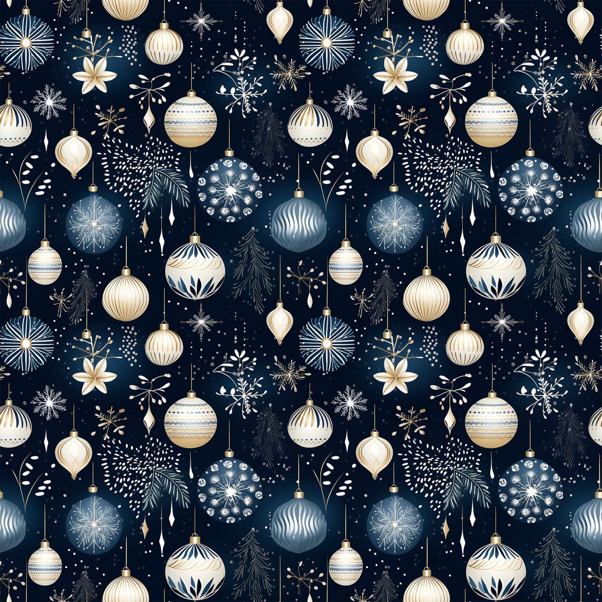 navy blue, cream, gold, christmas ornaments, baubles, snowflakes, evergreen branches, stars, holiday pattern, winter motifs, quilting cotton, fabric panel, seamless repeat, festive design, geometric ornaments, botanical elements, christmas decorations, elegant holiday, coordinating colors, seasonal fabric