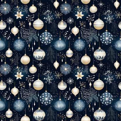 navy blue, cream, gold, christmas ornaments, baubles, snowflakes, evergreen branches, stars, holiday pattern, winter motifs, quilting cotton, fabric panel, seamless repeat, festive design, geometric ornaments, botanical elements, christmas decorations, elegant holiday, coordinating colors, seasonal fabric