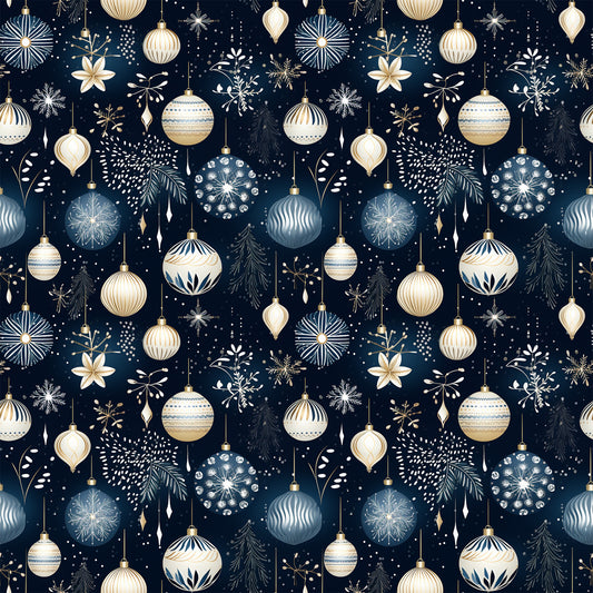 navy blue, cream, gold, christmas ornaments, baubles, snowflakes, evergreen branches, stars, holiday pattern, winter motifs, quilting cotton, fabric panel, seamless repeat, festive design, geometric ornaments, botanical elements, christmas decorations, elegant holiday, coordinating colors, seasonal fabric