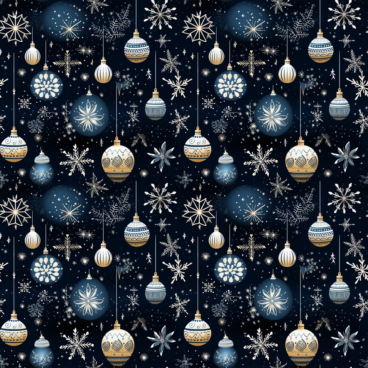 navy blue, cream, gold, white, christmas ornaments, snowflakes, hanging baubles, decorative patterns, winter motifs, starry night, celestial design, geometric ornaments, festive elements, quilting cotton, fabric panel, holiday themed, intricate details, repeating pattern, seasonal design, christmas decorations