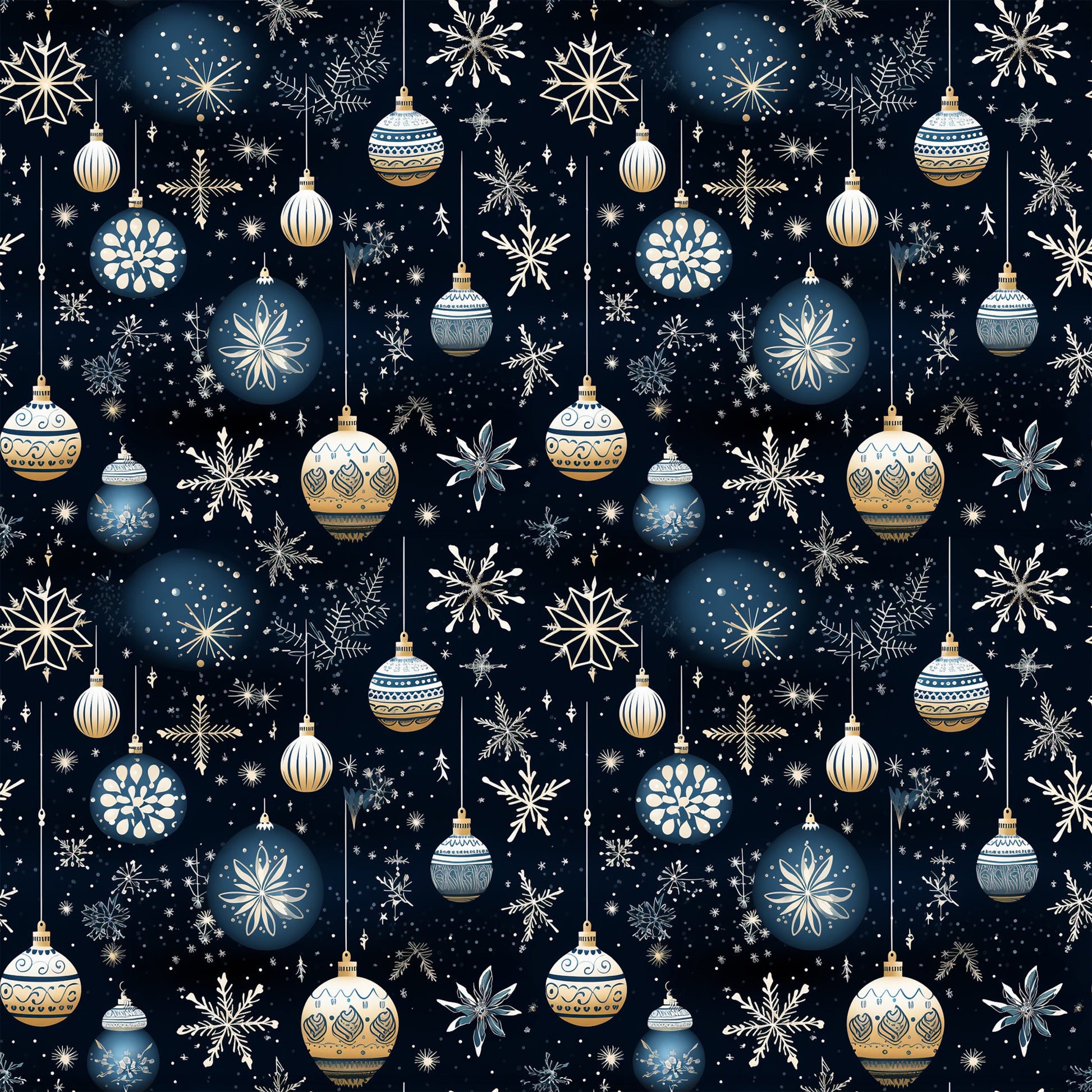 navy blue, cream, gold, white, christmas ornaments, snowflakes, hanging baubles, decorative patterns, winter motifs, starry night, celestial design, geometric ornaments, festive elements, quilting cotton, fabric panel, holiday themed, intricate details, repeating pattern, seasonal design, christmas decorations