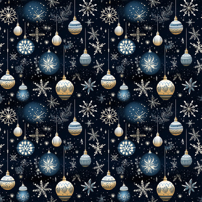 navy blue, cream, gold, white, christmas ornaments, snowflakes, hanging baubles, decorative patterns, winter motifs, starry night, celestial design, geometric ornaments, festive elements, quilting cotton, fabric panel, holiday themed, intricate details, repeating pattern, seasonal design, christmas decorations
