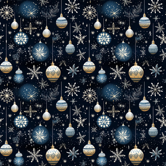 navy blue, cream, gold, white, christmas ornaments, snowflakes, hanging baubles, decorative patterns, winter motifs, starry night, celestial design, geometric ornaments, festive elements, quilting cotton, fabric panel, holiday themed, intricate details, repeating pattern, seasonal design, christmas decorations