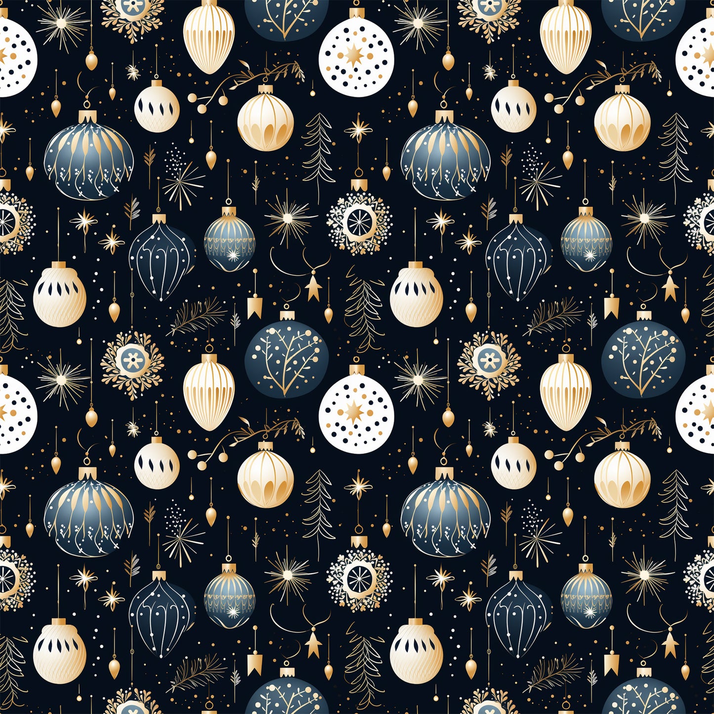 navy blue, cream, gold, christmas ornaments, baubles, snowflakes, stars, evergreen trees, polka dots, geometric patterns, repeating design, festive motifs, holiday theme, quilting cotton, fabric panel, winter decorations, ornate details, seamless pattern, christmas decor, metallic accents