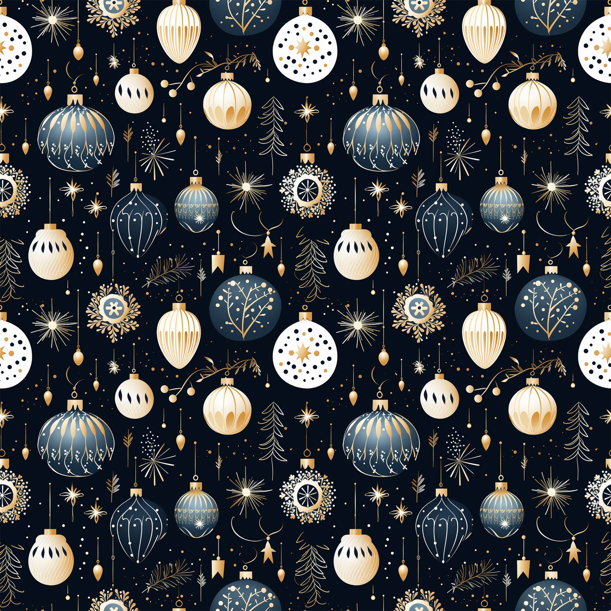 navy blue, cream, gold, christmas ornaments, baubles, snowflakes, stars, evergreen trees, polka dots, geometric patterns, repeating design, festive motifs, holiday theme, quilting cotton, fabric panel, winter decorations, ornate details, seamless pattern, christmas decor, metallic accents